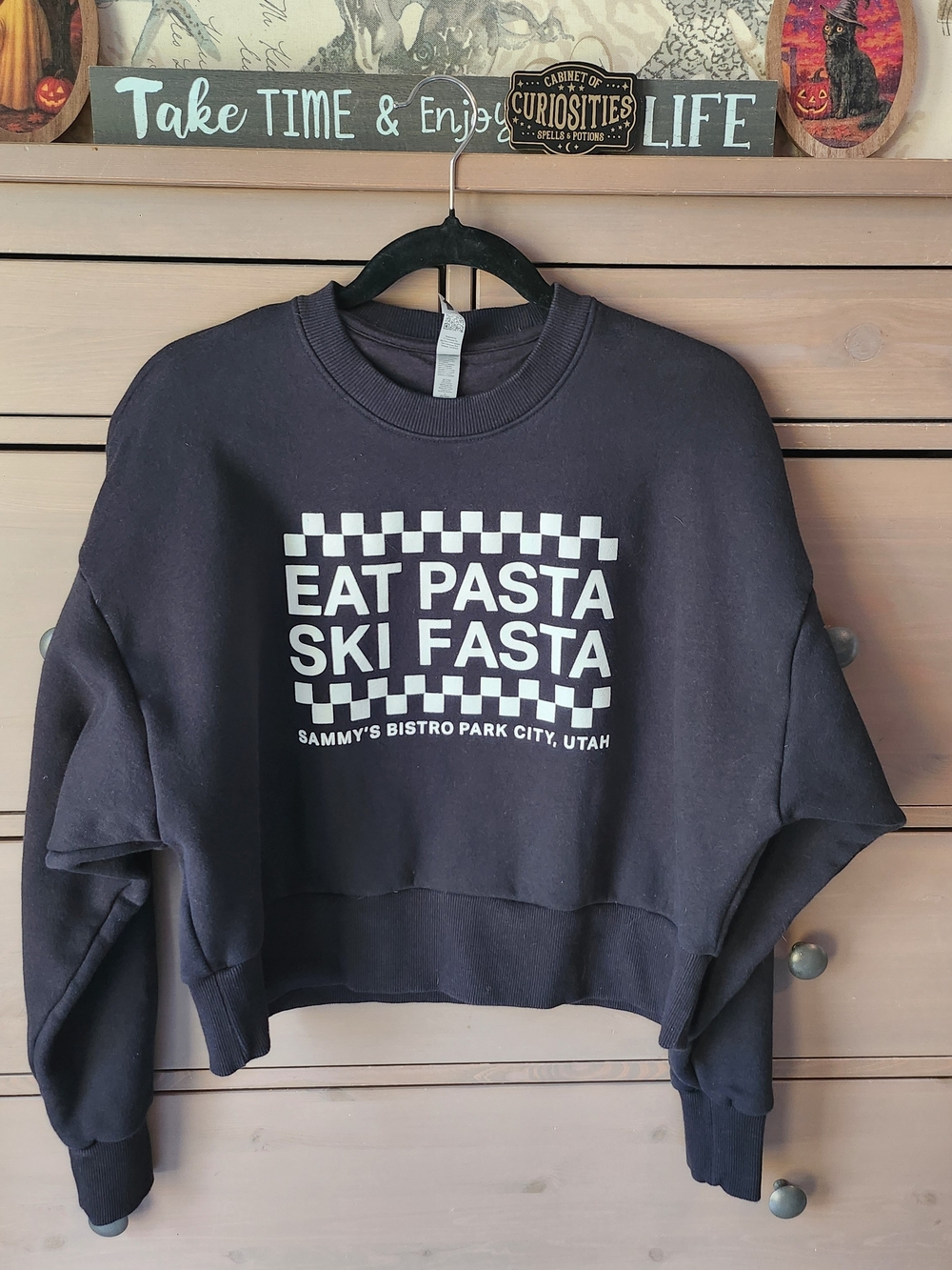 Eat Pasta Ski Fasta Black Graphic Sweatshirt -